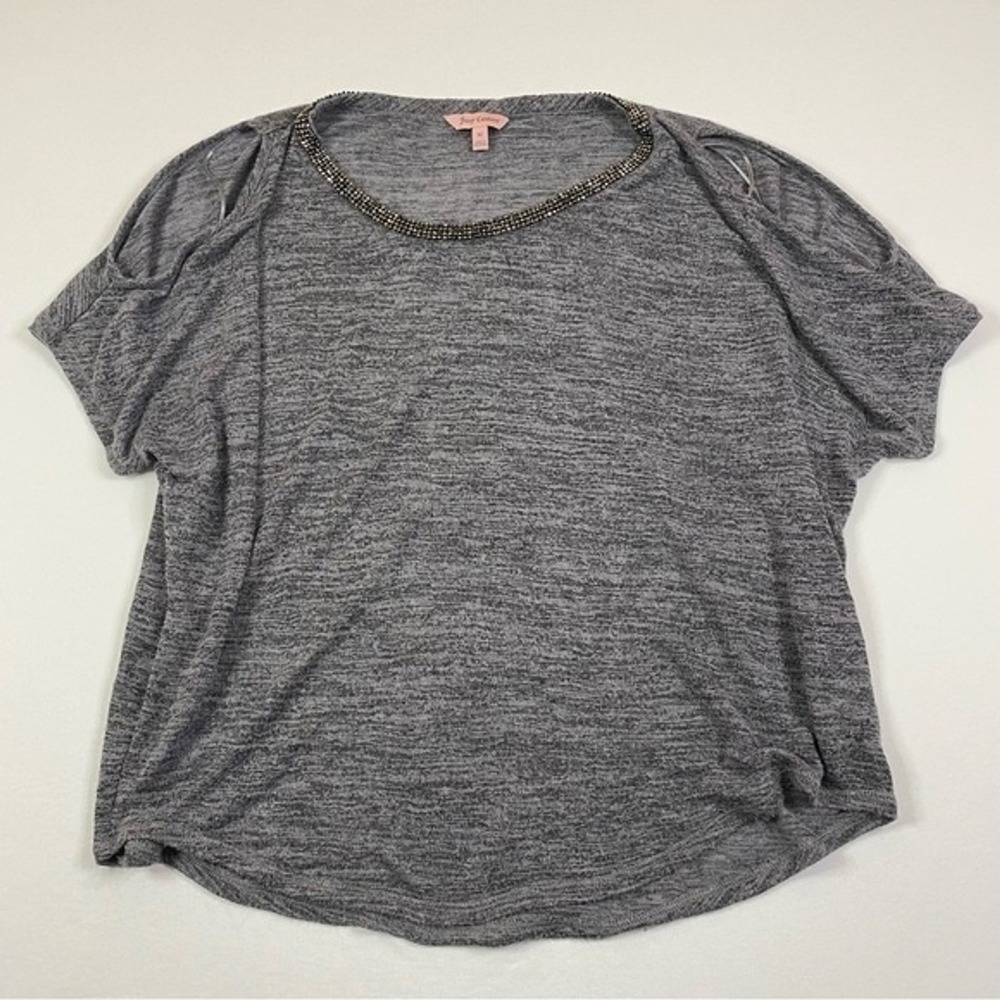 Juicy‎ Couture Shirt Women's Medium Marled Scoop Neck Cold Shoulder Rhinestones